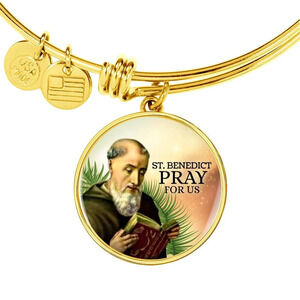 Catholic Saint Benedict Personalized Engraved Gold Circle Bangle Bracelet Custo